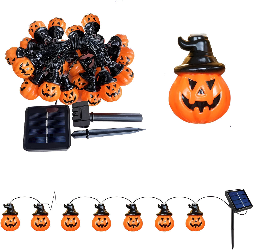 Solcellsdrivna pumpaljus – LED-slinggirlande för Halloweendekoration utomhus