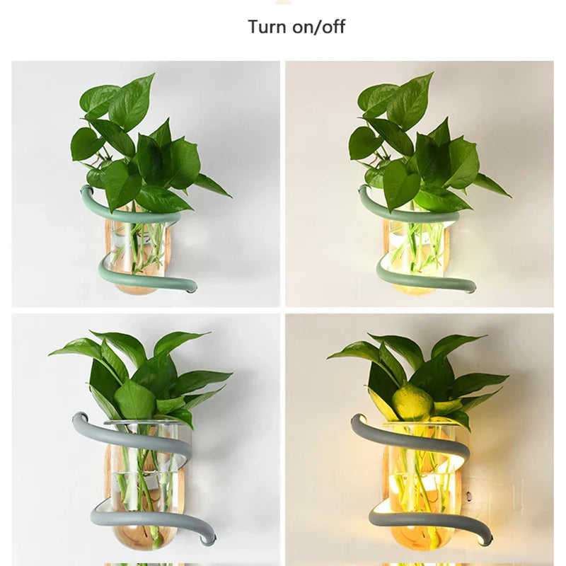 Nordic Blossom LED-vägglampa – Träaccent med dekorativ vas, modern stämningsbelysning