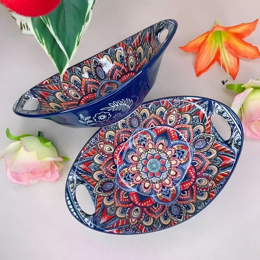 Boho Mandala Serveringsskålset – Konstnärligt Keramiskt Servis