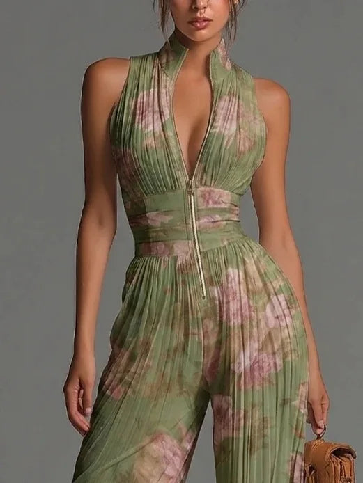 Isavelle | Flora Blommig Plunge Jumpsuit — V-ringad Dragkedja Framtill Halterneck Design