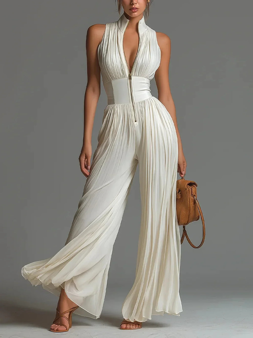 Isavelle | Flora Blommig Plunge Jumpsuit — V-ringad Dragkedja Framtill Halterneck Design