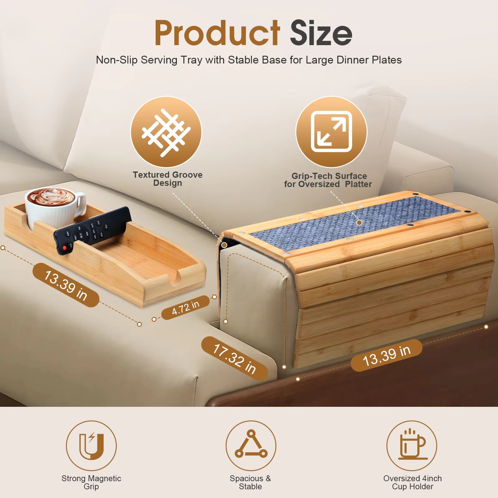 Hopfällbar armstödsbricka för bambusoffa – Bärbar dryckes- och snackshållare med koppfack