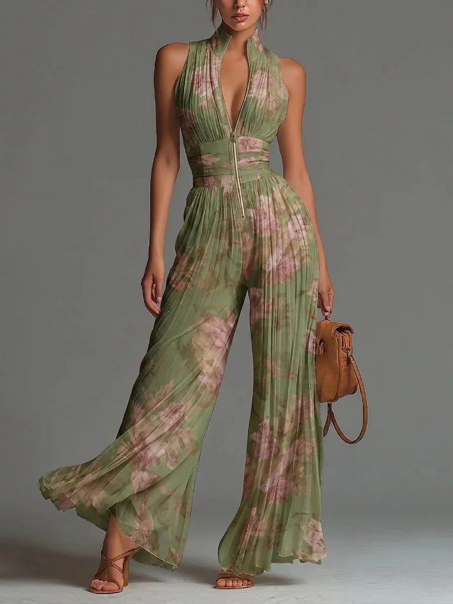 Isavelle | Flora Blommig Plunge Jumpsuit — V-ringad Dragkedja Framtill Halterneck Design