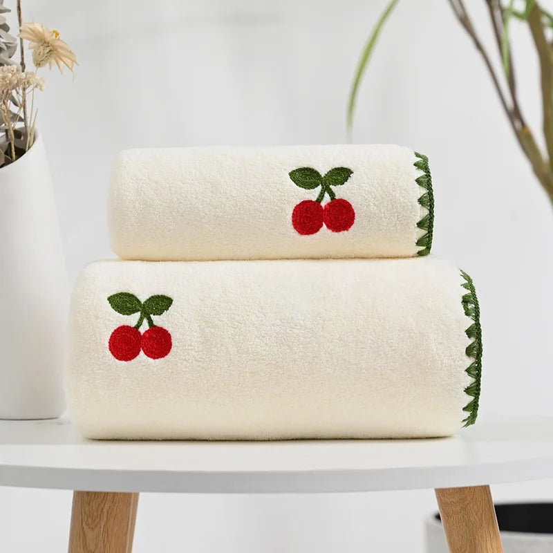 Mjuk broderad bomullshandduk — Färgglad fruktdesign, absorberande och dekorativ