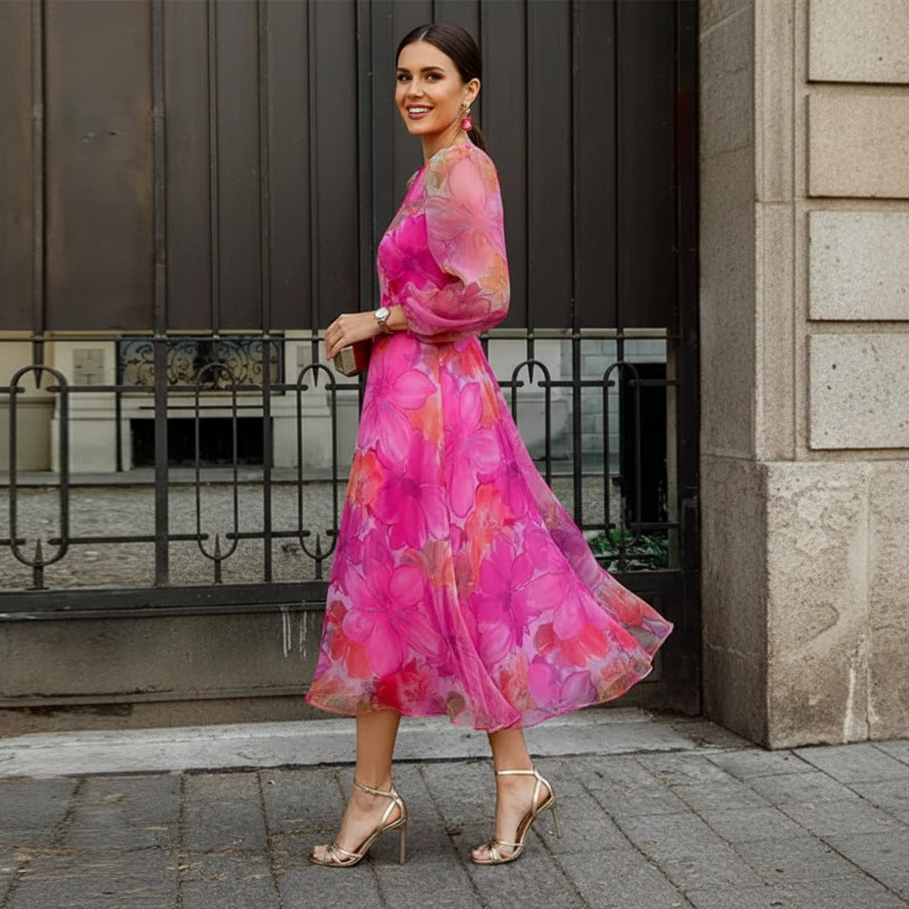 Alessia | Blommig formell midiklänning - Raffinerad bröllopsgäststil