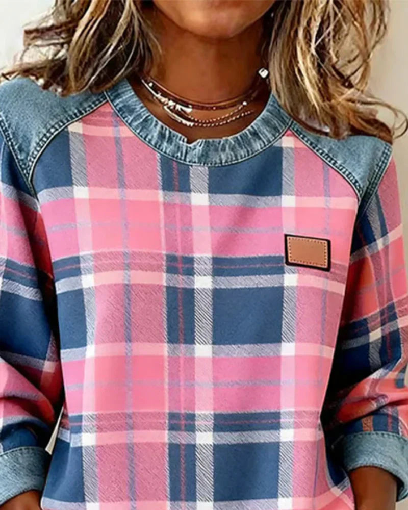 Rutig stickad tröja för kvinnor – Långärmad, avslappnad pullover med denimmönster