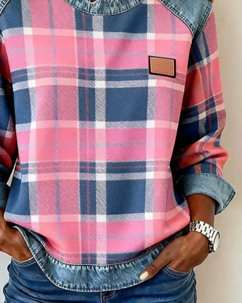Rutig stickad tröja för kvinnor – Långärmad, avslappnad pullover med denimmönster
