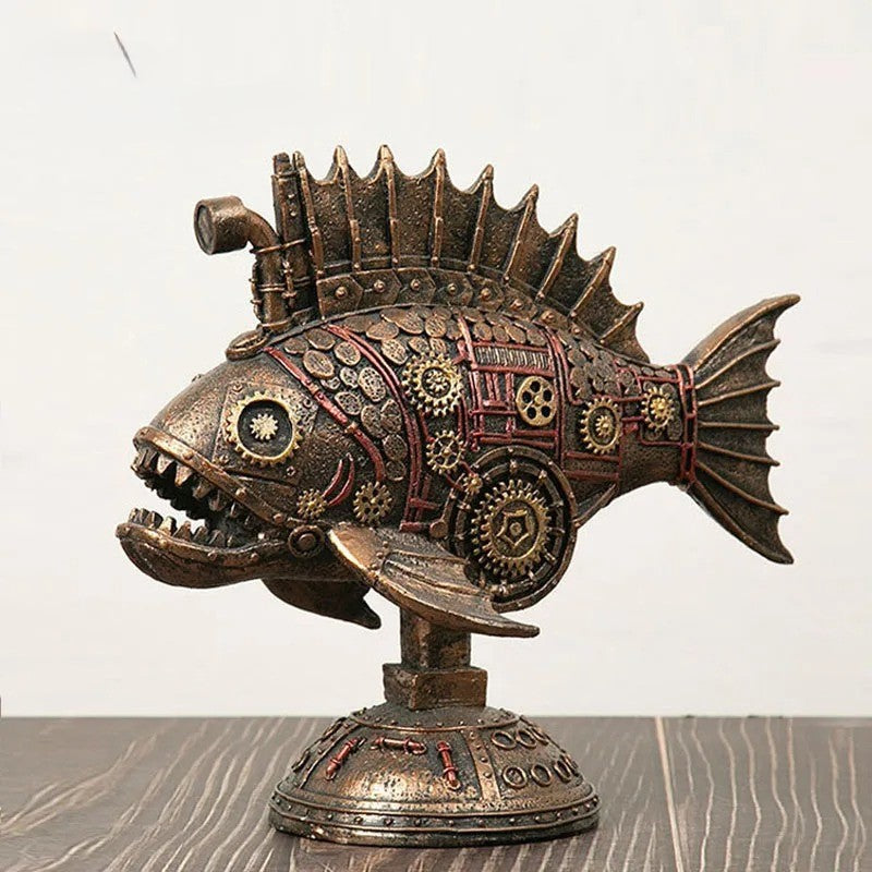 Steampunk Gearfish Sculpture – Invecklad metallkonst med industriell charm