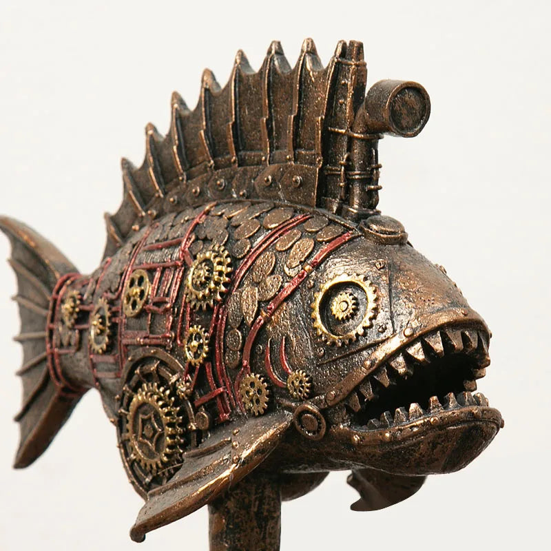 Steampunk Gearfish Sculpture – Invecklad metallkonst med industriell charm
