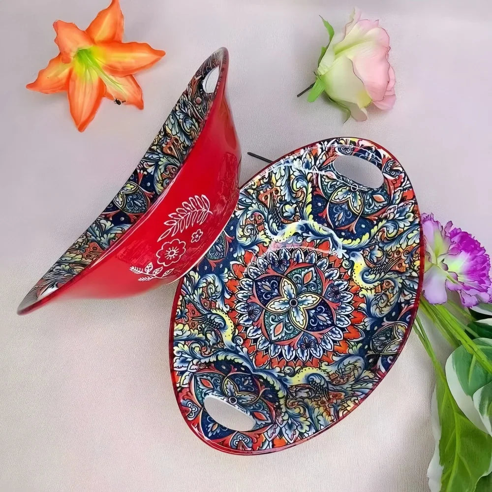 Boho Mandala Serveringsskålset – Konstnärligt Keramiskt Servis