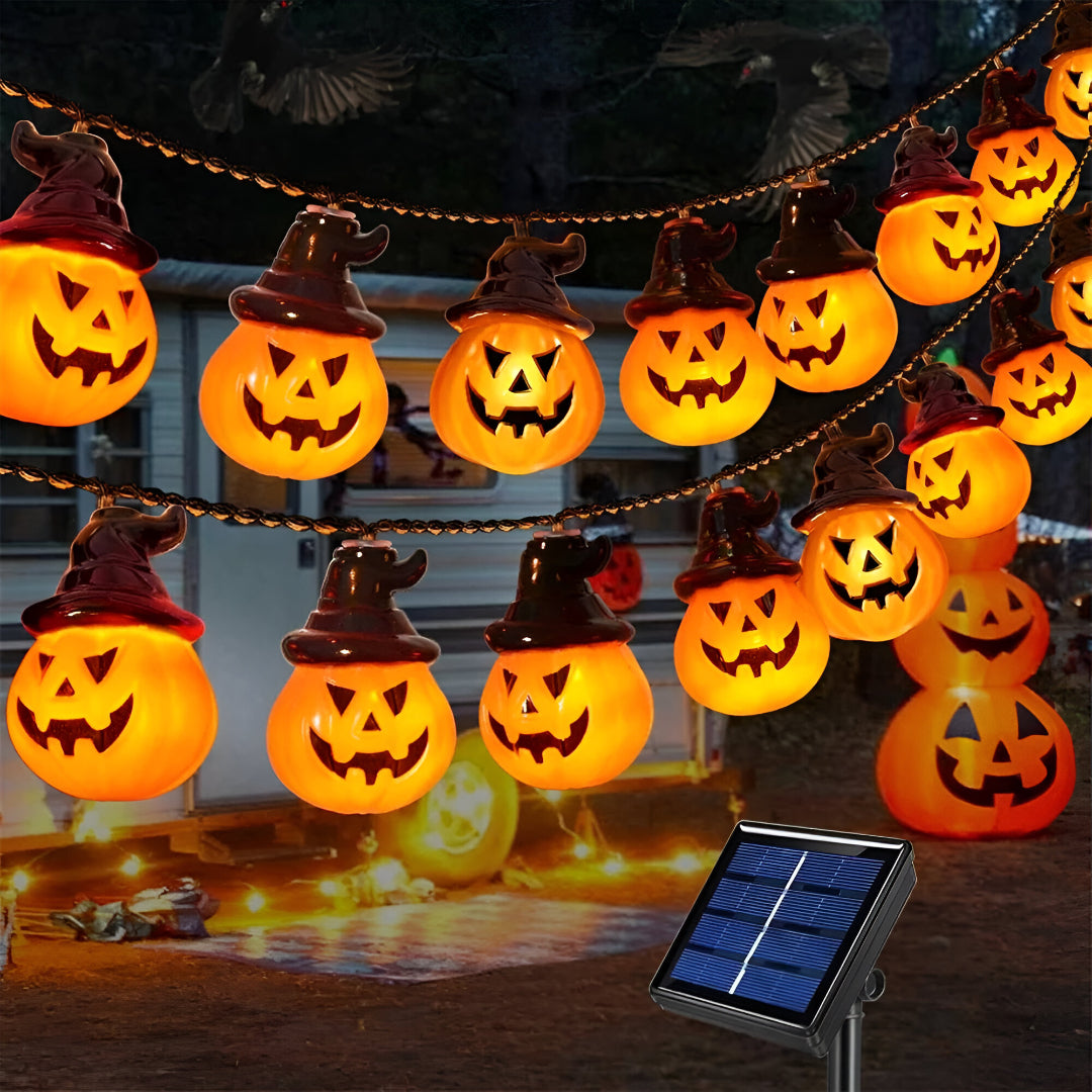 Solcellsdrivna pumpaljus – LED-slinggirlande för Halloweendekoration utomhus