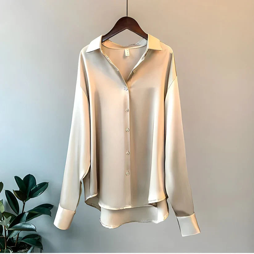 Marcella | Långärmad blus i satin med knappar - Klassisk skräddarsydd topp