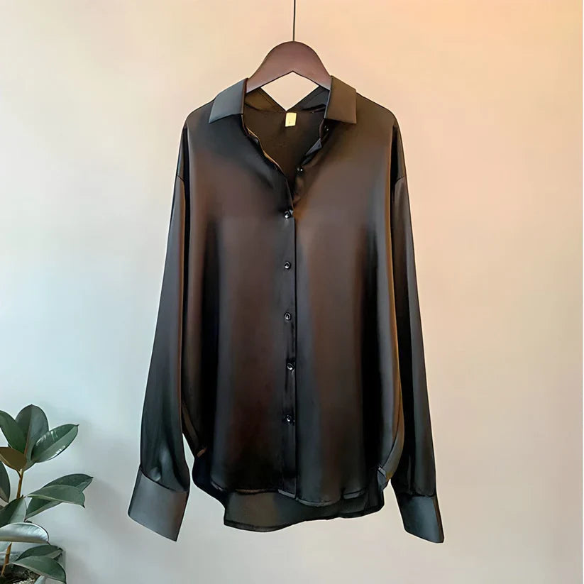 Marcella | Långärmad blus i satin med knappar - Klassisk skräddarsydd topp