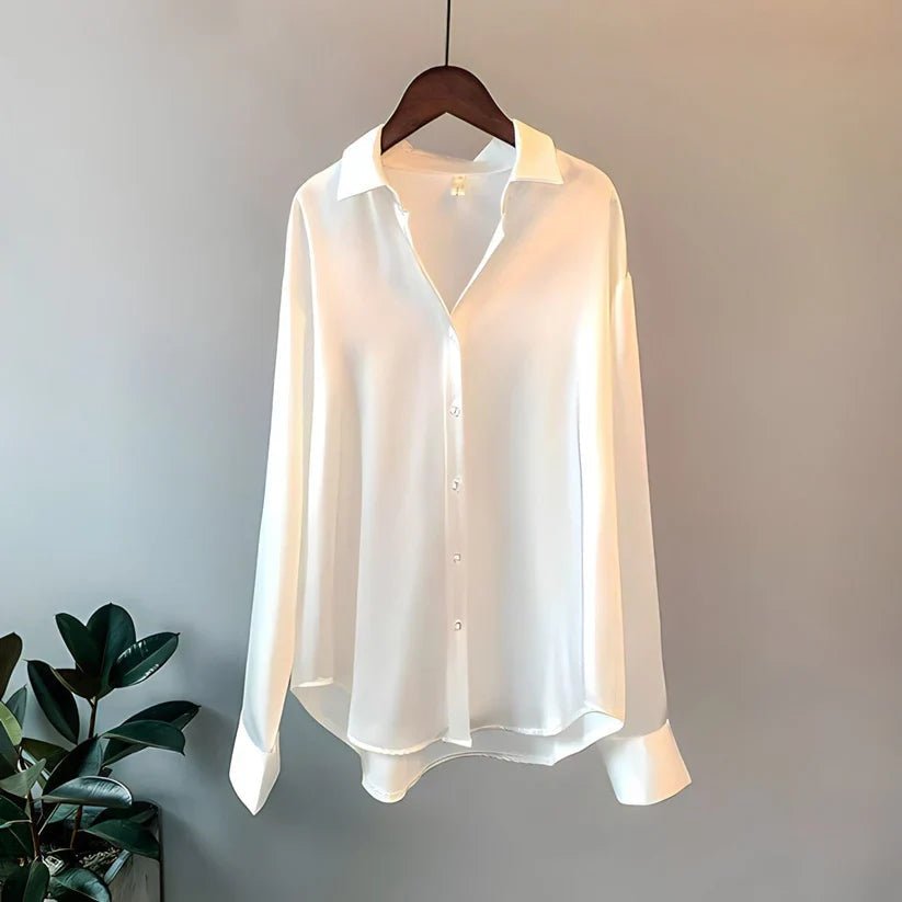 Marcella | Långärmad blus i satin med knappar - Klassisk skräddarsydd topp
