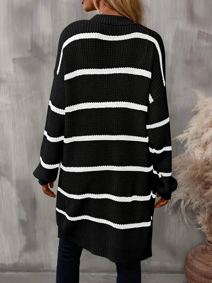 Seraphine | Randig öppen framtill lång stickad kofta - Lediga överdimensionerade ytterkläder