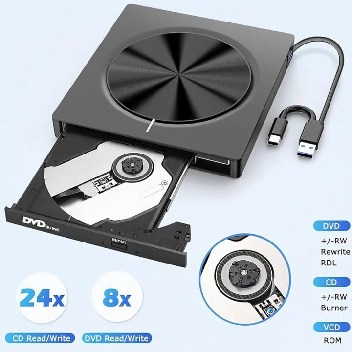 Extern CD/DVD-brännare – Plug & Play-enhet för musik och filmer