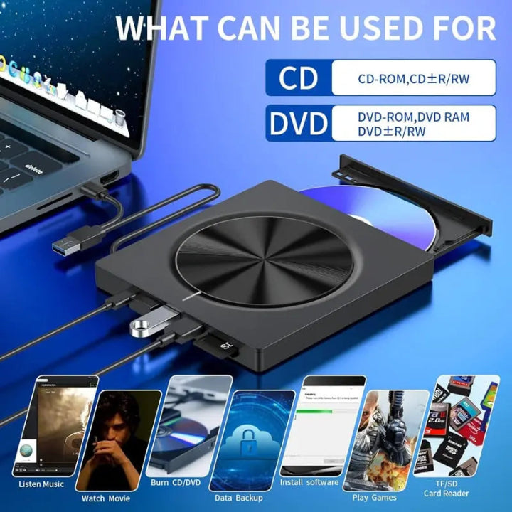 Extern CD/DVD-brännare – Plug & Play-enhet för musik och filmer