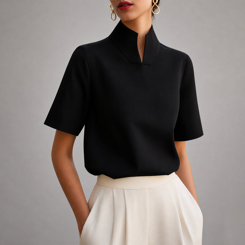 Celeste | V-ringad blus med hög hals – Skräddarsydd långärmad topp för elegant styling