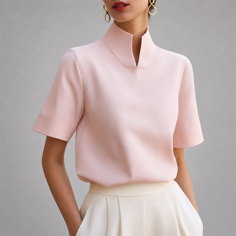 Celeste | V-ringad blus med hög hals – Skräddarsydd långärmad topp för elegant styling