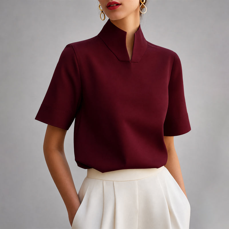 Celeste | V-ringad blus med hög hals – Skräddarsydd långärmad topp för elegant styling