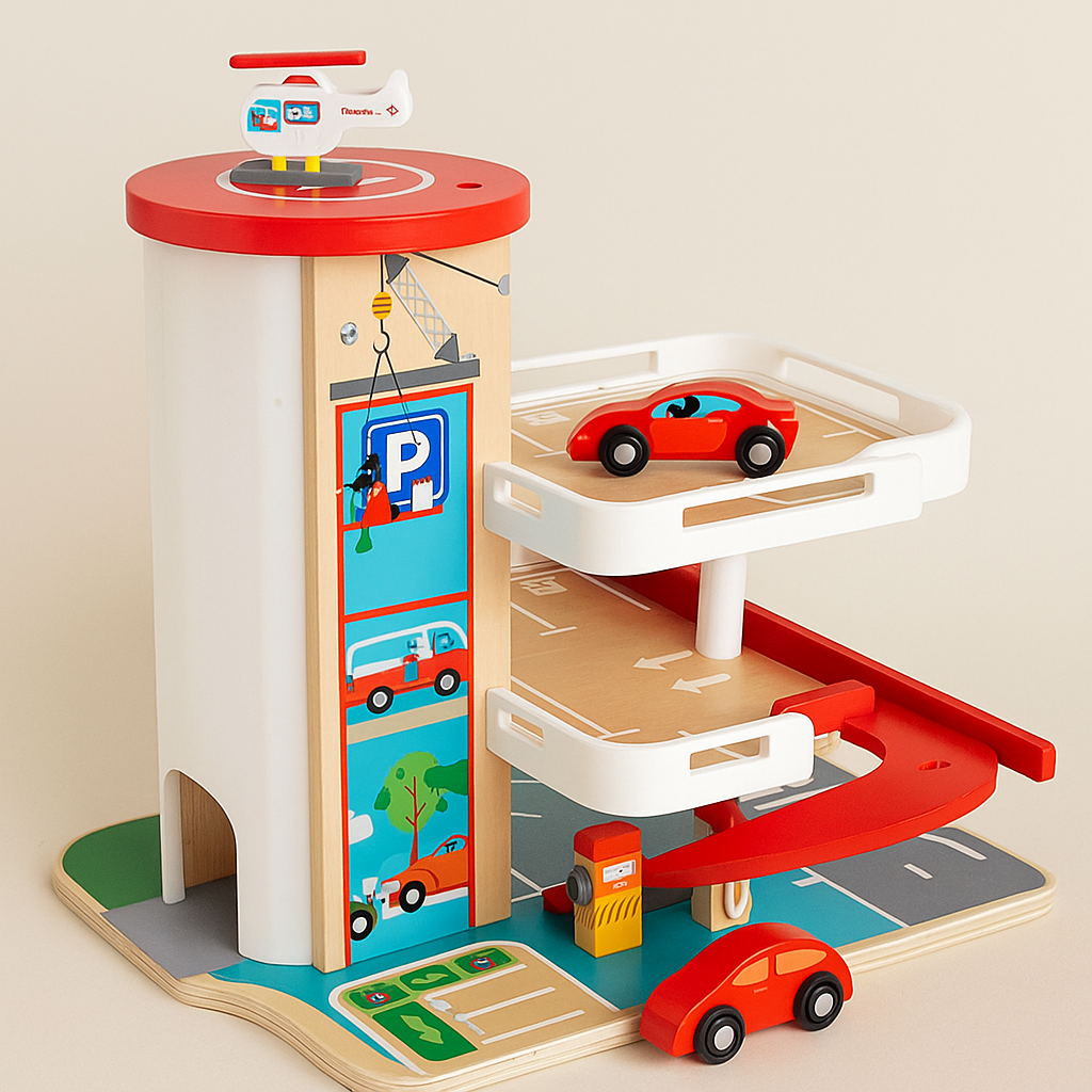 Trälekset för barn – ramp och parkeringsgarage i flera nivåer