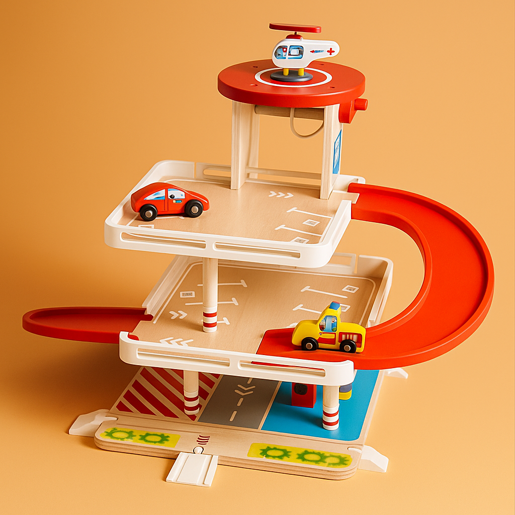 Trälekset för barn – ramp och parkeringsgarage i flera nivåer