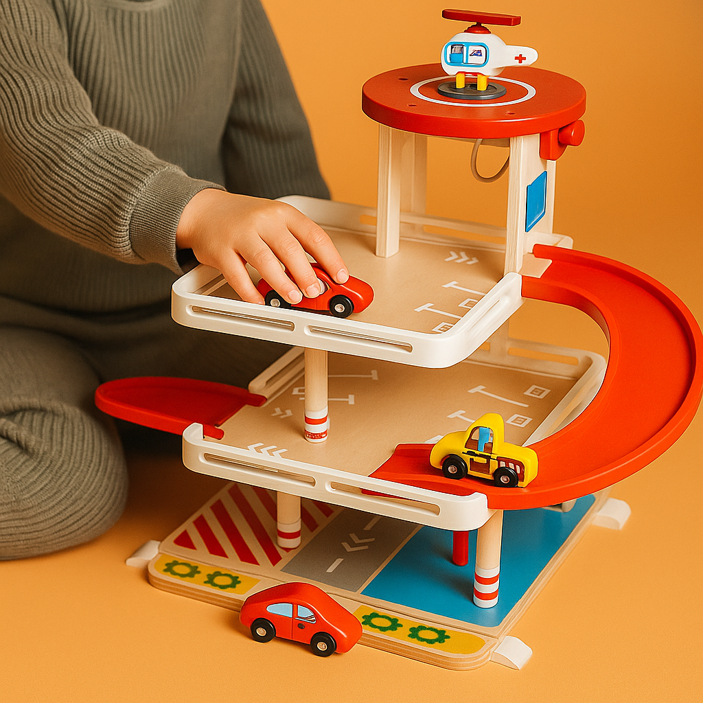 Trälekset för barn – ramp och parkeringsgarage i flera nivåer