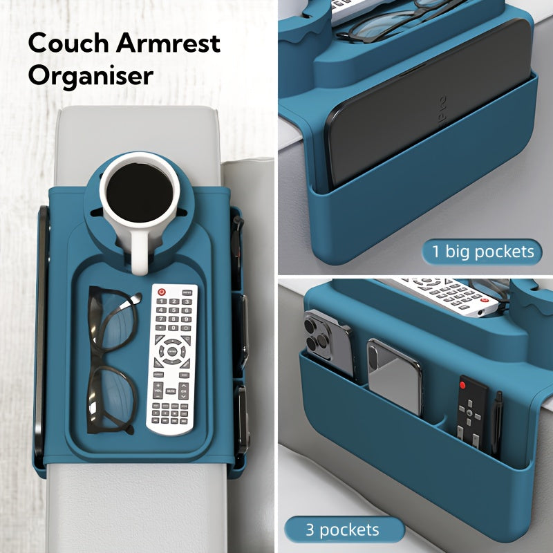 Armstödsorganisatör med mugghållare i soffa – Soffhållare för snacks, drycker och fjärrförvaring