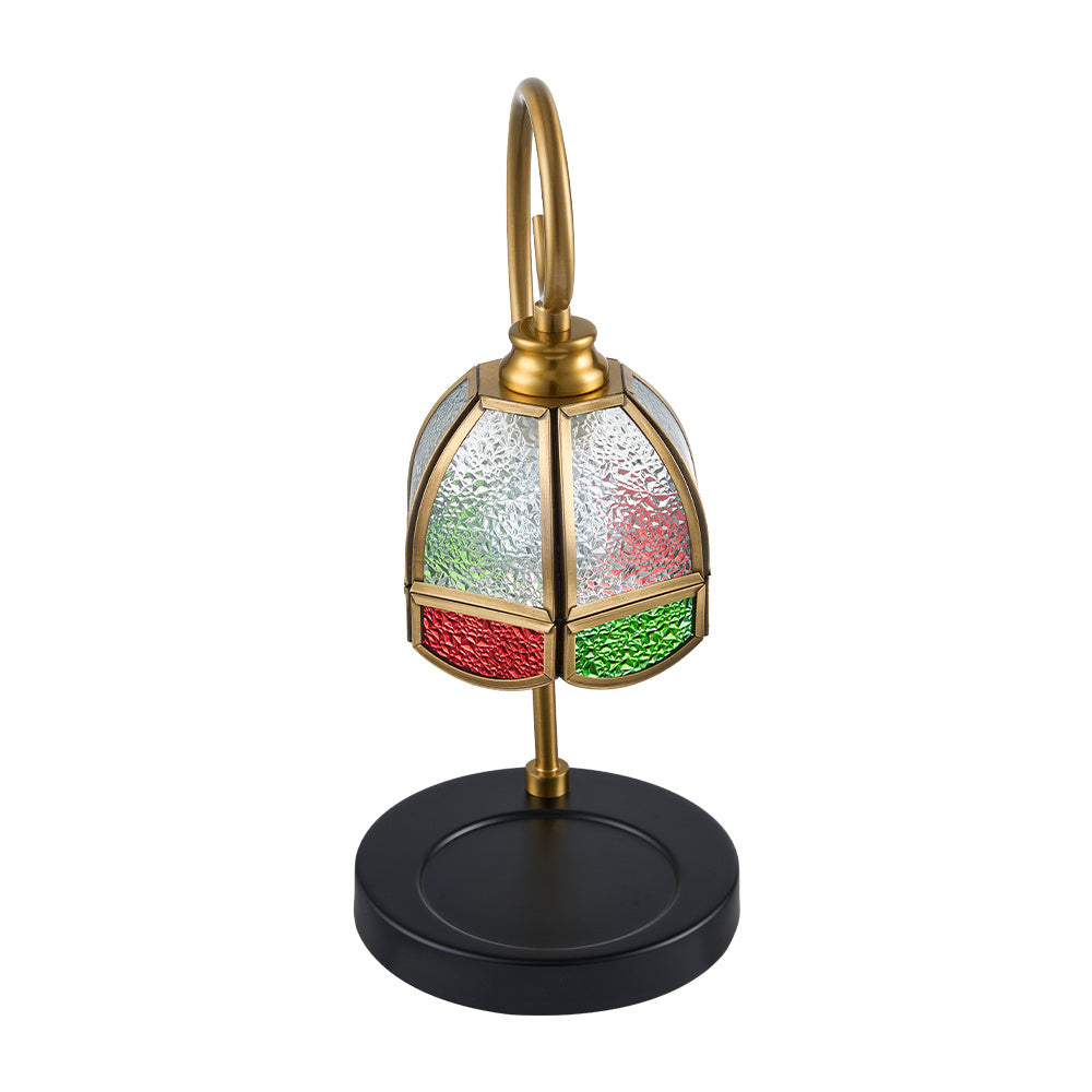 Handgjord bordslampa i målat glas – Färgglad mosaikskärm med vintage järnfot