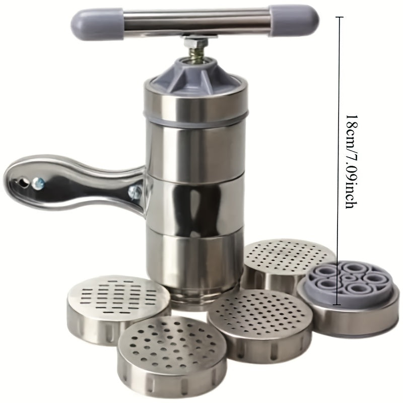 Manuell nudelpress – pastapress i rostfritt stål med 5 utbytbara skivor