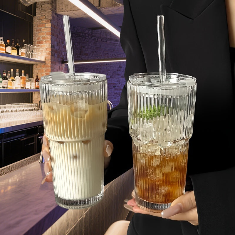 Premium räfflad glasmugg - värmebeständig dricksmugg med återanvändbart sugrör och spillsäkert lock