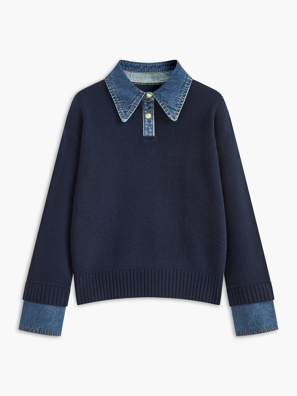 Amavelle | Stickad tröja med chambraykant och denimkrage - Kontrastfärgad slagtröja