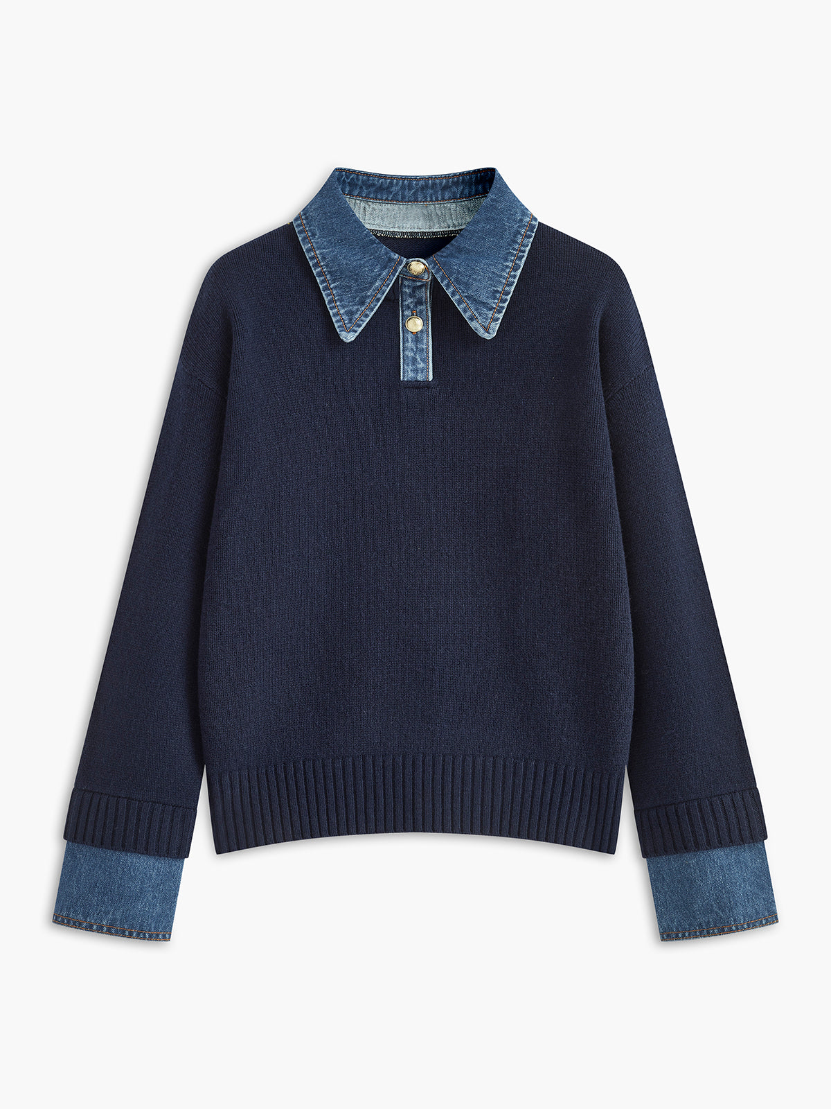 Amavelle | Stickad tröja med chambraykant och denimkrage - Kontrastfärgad slagtröja