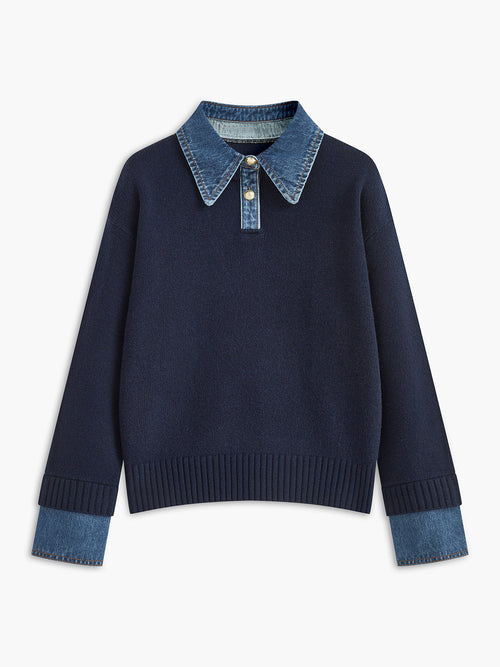 Amavelle | Stickad tröja med chambraykant och denimkrage - Kontrastfärgad slagtröja
