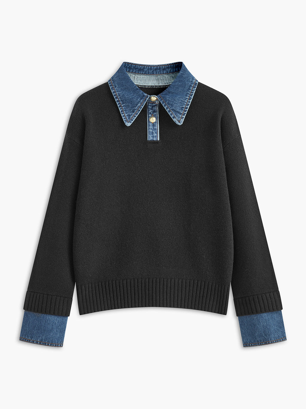 Amavelle | Stickad tröja med chambraykant och denimkrage - Kontrastfärgad slagtröja