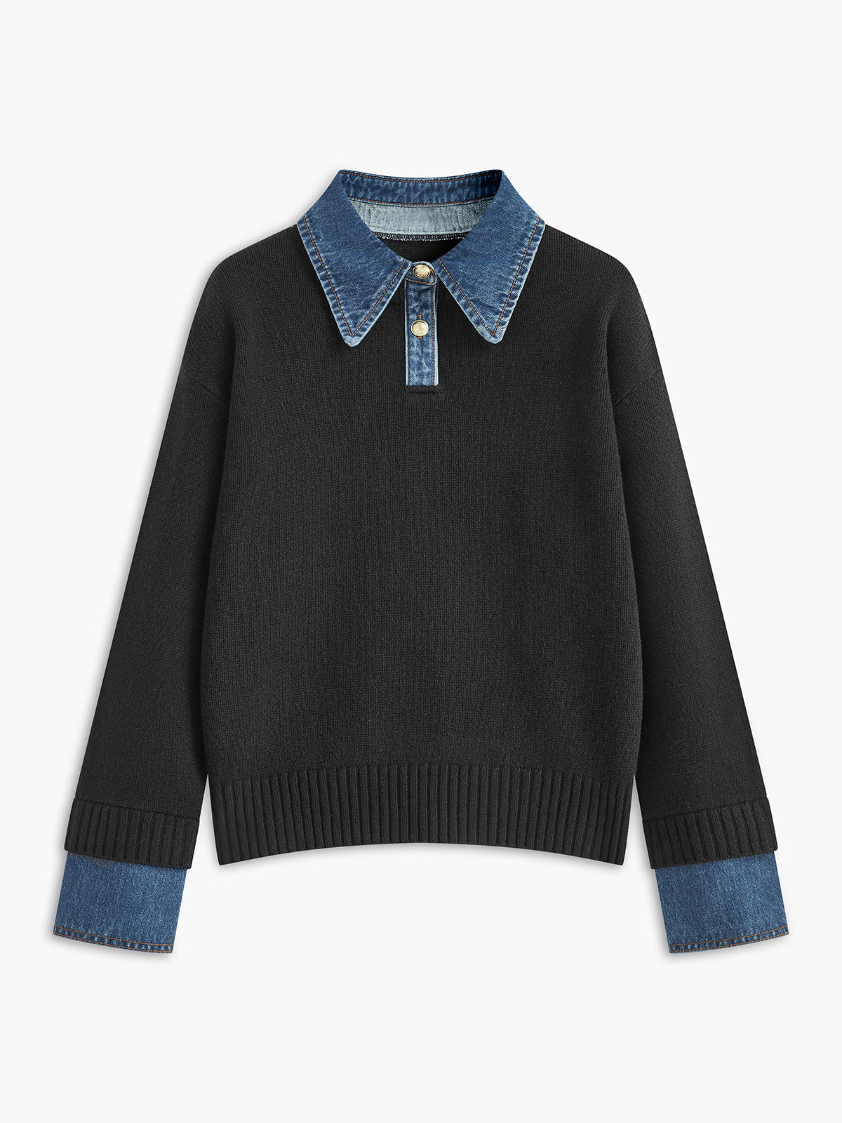 Amavelle | Stickad tröja med chambraykant och denimkrage - Kontrastfärgad slagtröja