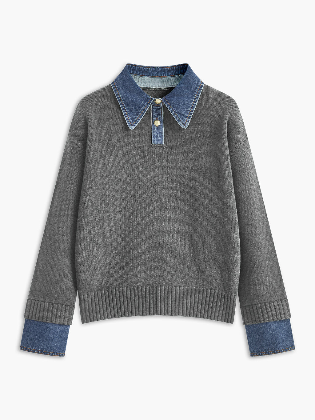 Amavelle | Stickad tröja med chambraykant och denimkrage - Kontrastfärgad slagtröja