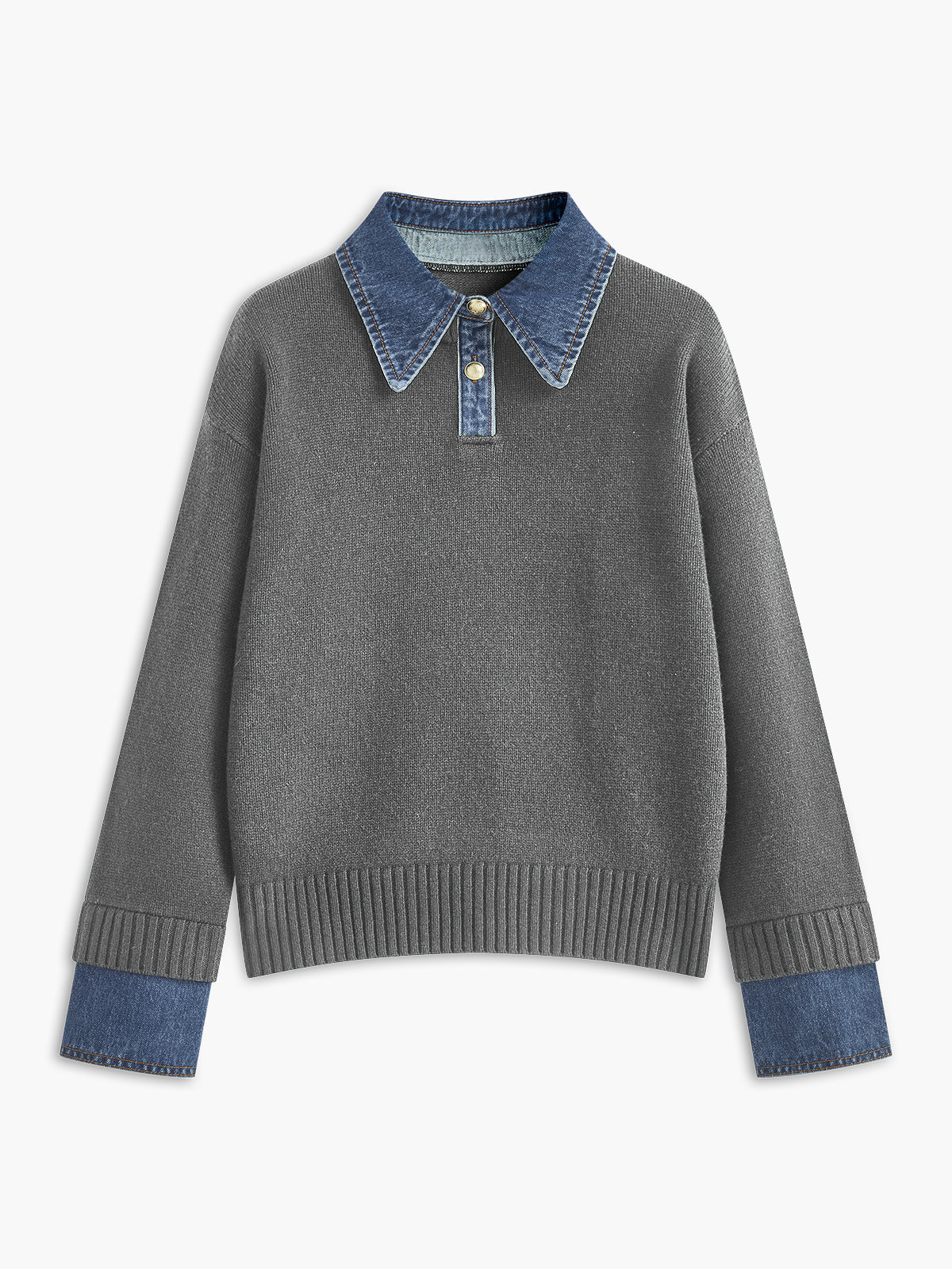Amavelle | Stickad tröja med chambraykant och denimkrage - Kontrastfärgad slagtröja