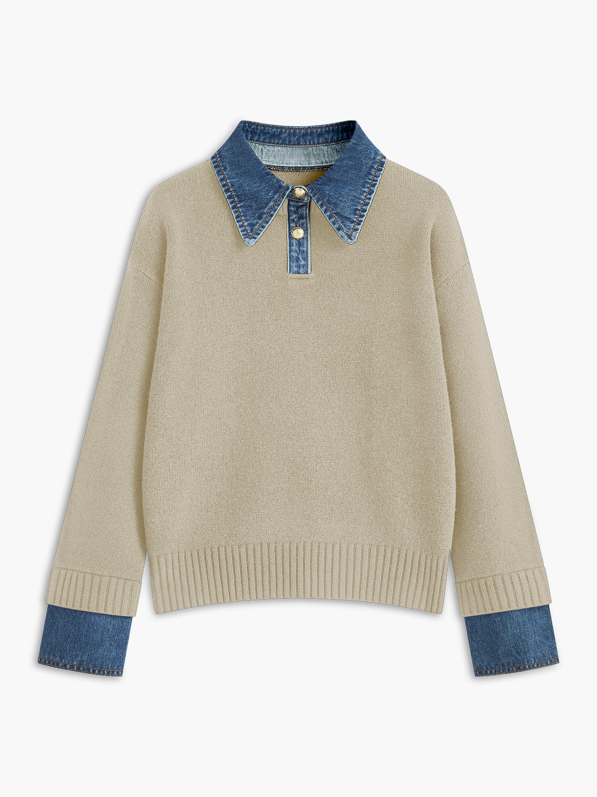 Amavelle | Stickad tröja med chambraykant och denimkrage - Kontrastfärgad slagtröja