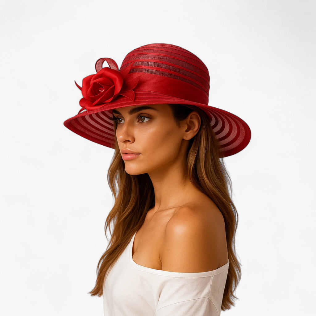 Snygg damhatt i organza med bred brätte – Snyggt solskydd för sommaren utomhus