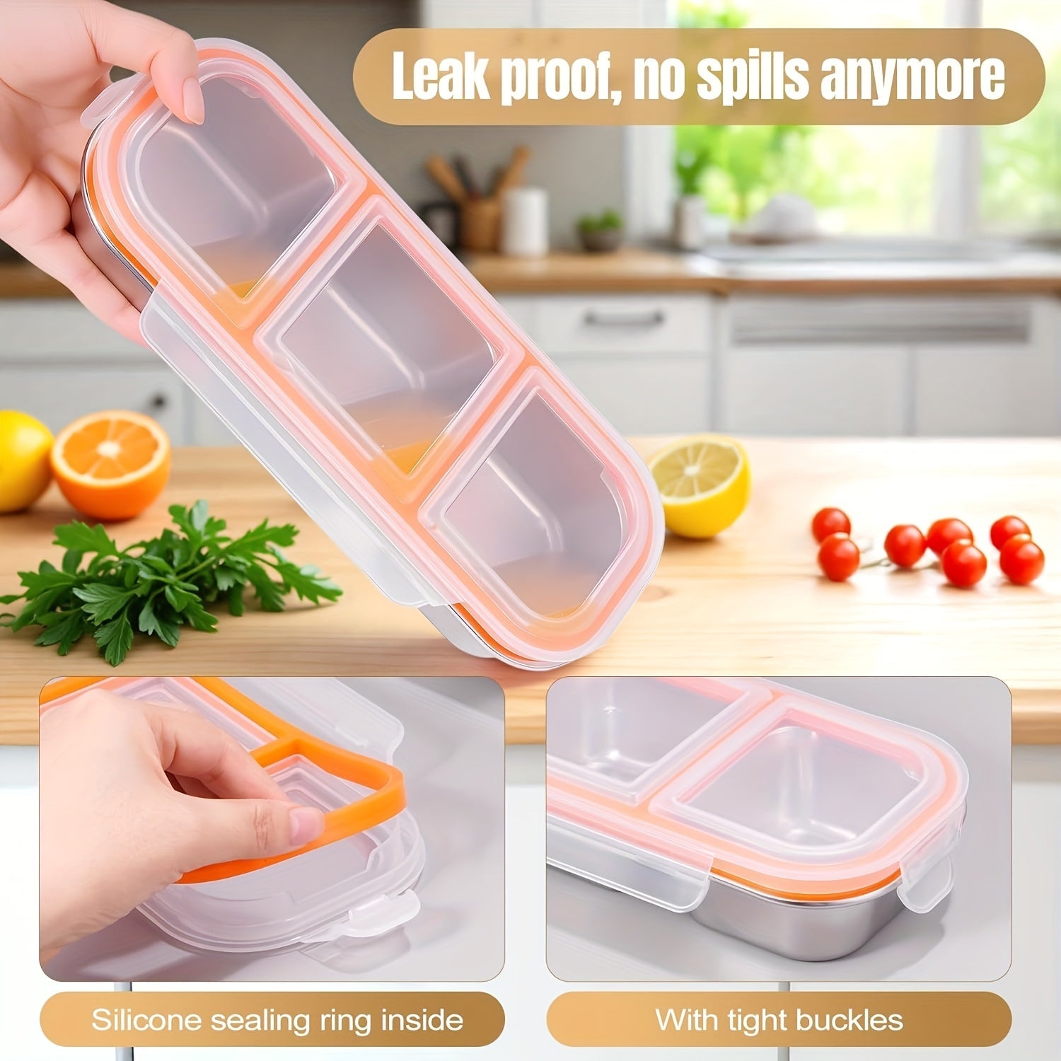Slitstark 3-delad matbehållare i rostfritt stål – Bärbar läckagesäker matlåda