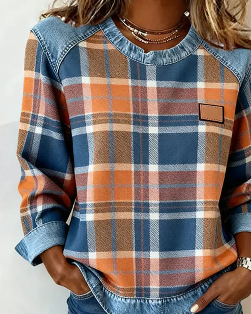 Rutig stickad tröja för kvinnor – Långärmad, avslappnad pullover med denimmönster
