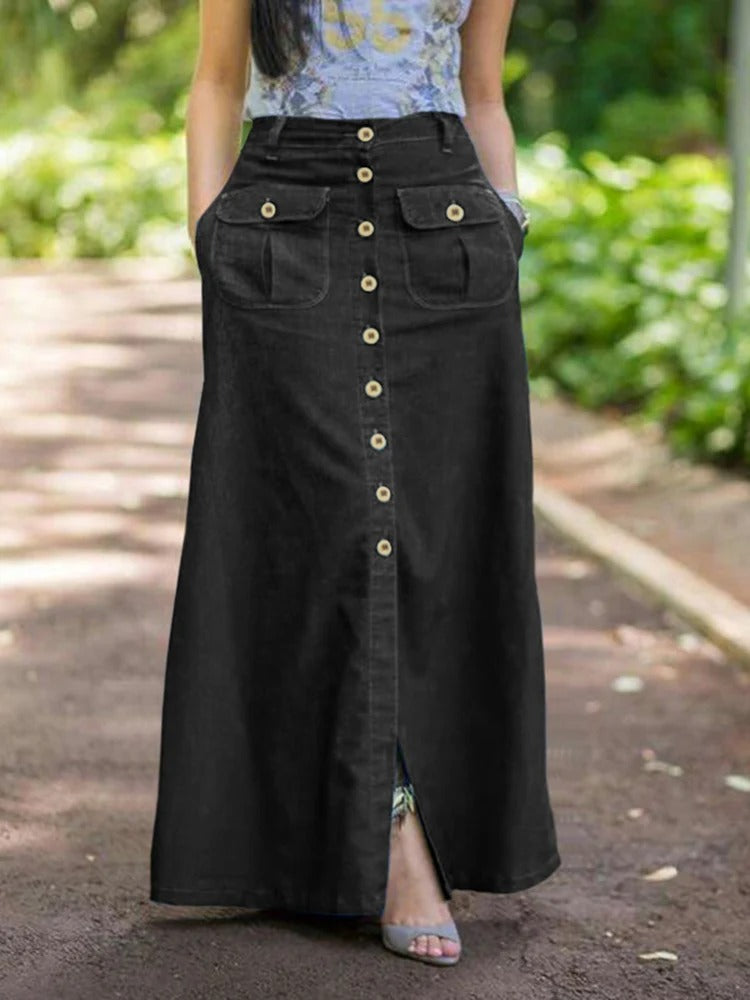 Dam Retro Wash Denim Maxikjol – Högmidjad vintagejeanskjol med enkel street-look