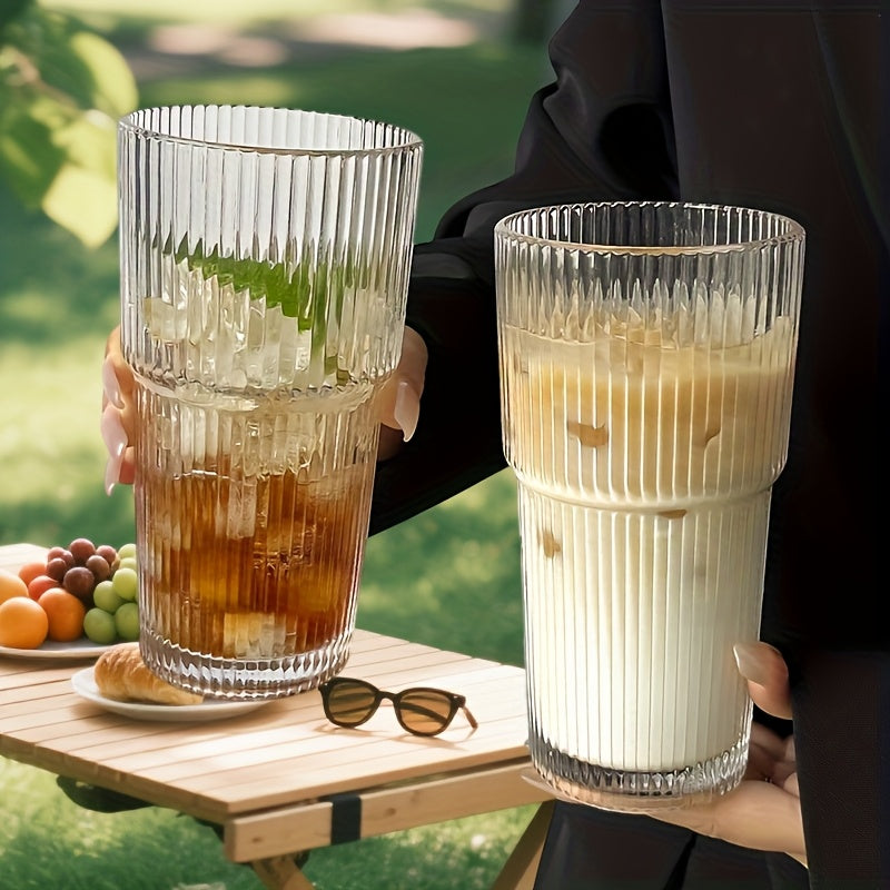 Premium räfflad glasmugg - värmebeständig dricksmugg med återanvändbart sugrör och spillsäkert lock