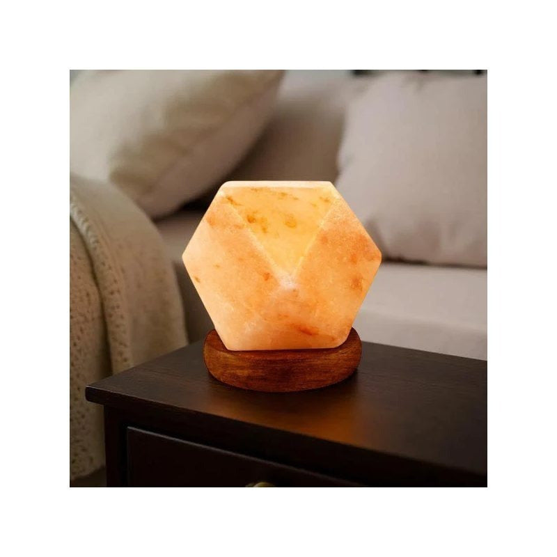 Geometrisk Himalayasaltkristalllampa – USB-färgskiftande LED-stämningslampa med träbas
