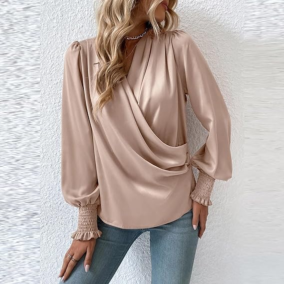 Yvette | V-ringad blus med smockade manschetter - Chic, avslappnad topp