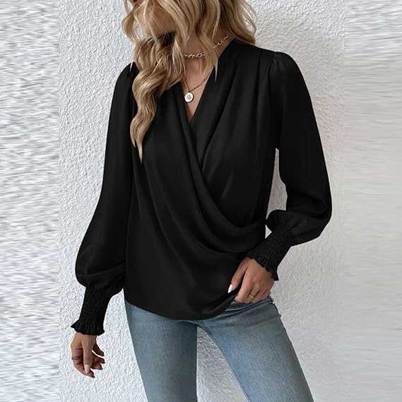 Yvette | V-ringad blus med smockade manschetter - Chic, avslappnad topp