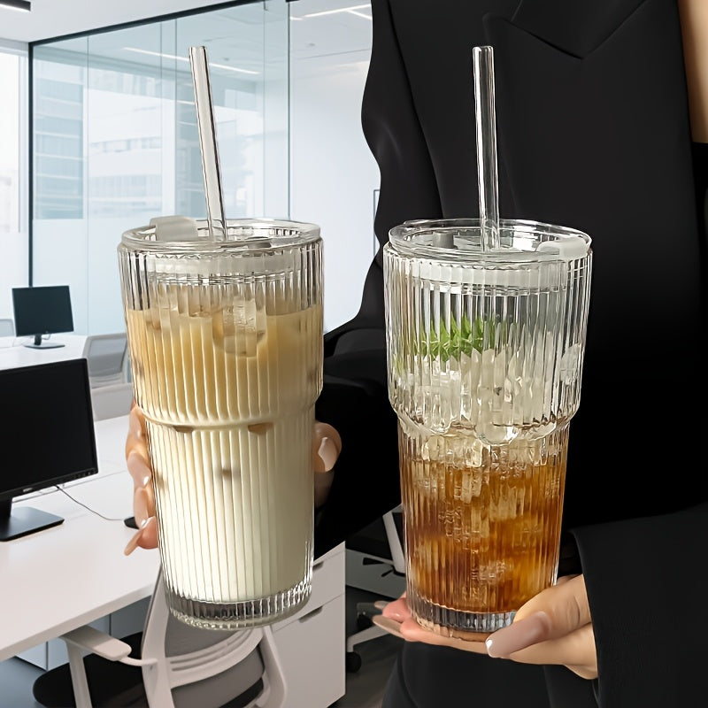 Premium räfflad glasmugg - värmebeständig dricksmugg med återanvändbart sugrör och spillsäkert lock