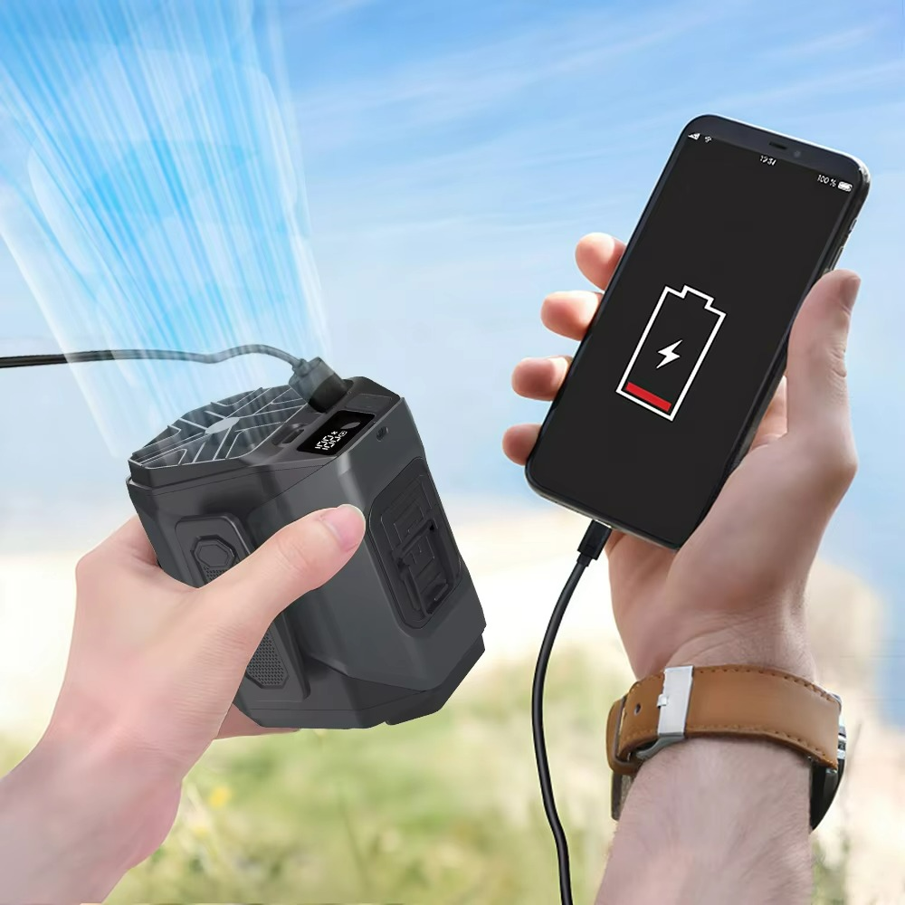 Uppladdningsbar midjefläkt med inbyggd powerbank och LED-ficklampa — Handsfree-kylning