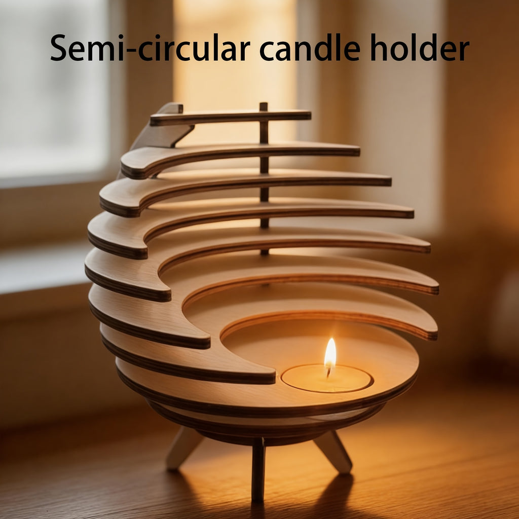 Handgjord ljusstake i trä med halvmåne – Rustik halvcirkeldekor